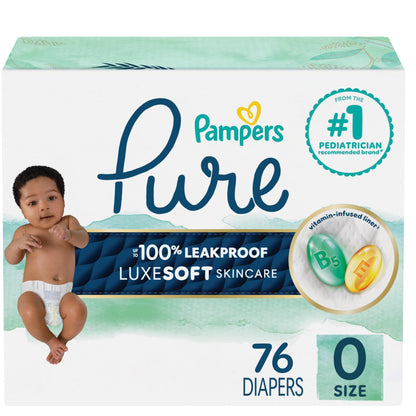Pampers Pure Protection Baby Diapers, Size 0 (>10 lbs), 76 Count, Up to 100% Leakproof, Premium Plant-Based Skin Protection, Hypoallergenic Soft Diapers
