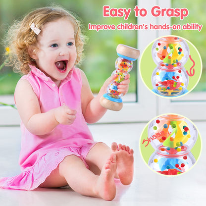 PLAY Rainmaker - 7 inch Wooden Rainbow Rain Stick Montessori Toys for Babies 6-12 Months, Baby Rattle Shaker Sensory Developmental Toy, Raindrops Musical Instrument