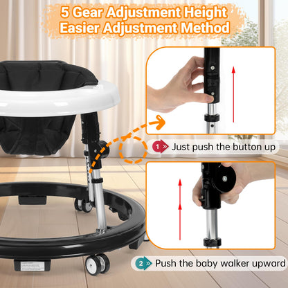 HolyBase Music and Lights Baby Walker Foldable with 9 Adjustable Heights, Baby Walker with Wheels Portable, Infant Toddler Walker for Baby Boy Girls 6-18 Months