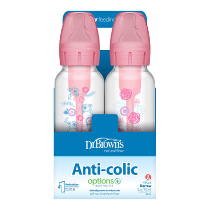 Dr. Brown's Natural Flow Anti-Colic Options+ Narrow Baby Bottle, Pink Floral, 8 oz/250 mL, with Level 1 Slow Flow Nipples, 0m+, 4 Pack