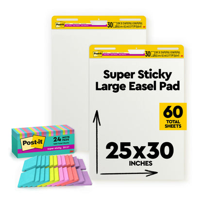 Bundle of Post-it Super Sticky Notes, 24 Sticky Note Pads, 3 x 3 in, Supernova Neons + Post-it Super Sticky Easel Pad, 25 in x 30 in, White, 30 Sheets/Pad, 2 Pads/Pack Self Stick Flip Chart Paper