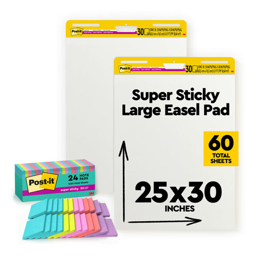 Bundle of Post-it Super Sticky Notes, 24 Sticky Note Pads, 3 x 3 in, Supernova Neons + Post-it Super Sticky Easel Pad, 25 in x 30 in, White, 30 Sheets/Pad, 2 Pads/Pack Self Stick Flip Chart Paper