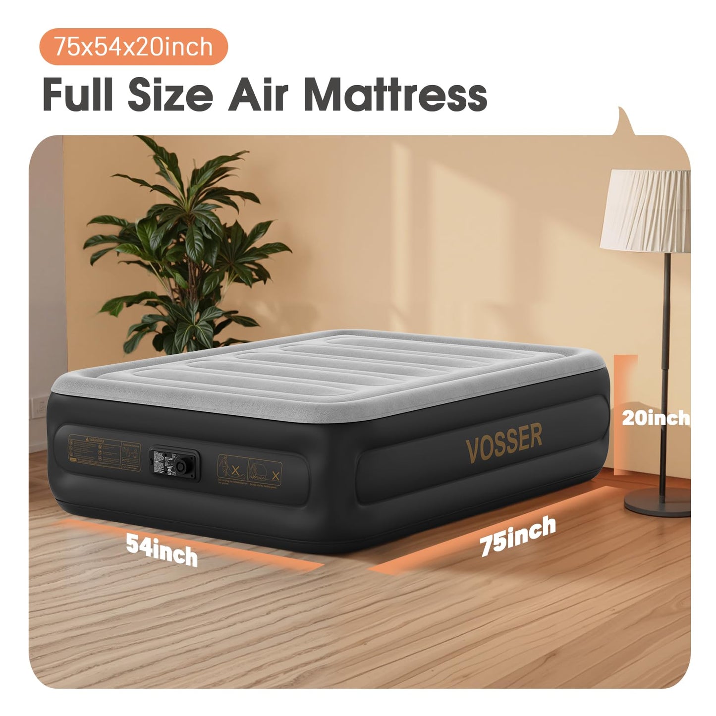 Air Mattress Full with Built in Pump,20'' Inflatable Mattress 2 Mins Self-Inflation/Deflation,Thicker Blow up Mattress Leak-Proof,Flocked Top Air Bed with Storage Bag for Home, Camping & Guests