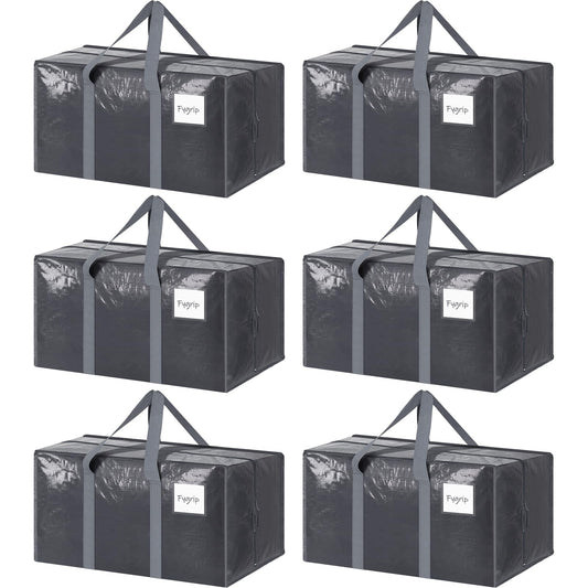 6 Pack Extra Heavy Duty Large Moving Bags with Strong Zipper & Comfortable Handles, Sturdy & Durable Clothes Storage Bags Totes Bins, Packing Moving Boxes for College Supplies, Gray
