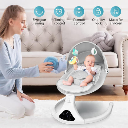Electric Baby Swing for Infants to Toddler| Portable Infant Swing with Remote Control, Rocker with 5 Speeds, 3-Point Harness for Baby Boy Girl (Light Grey)