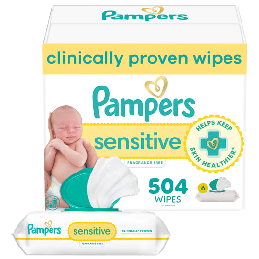 Pampers Sensitive Baby Wipes, Water Based, Hypoallergenic and Unscented, 6 Flip-Top Packs (504 Wipes Total)