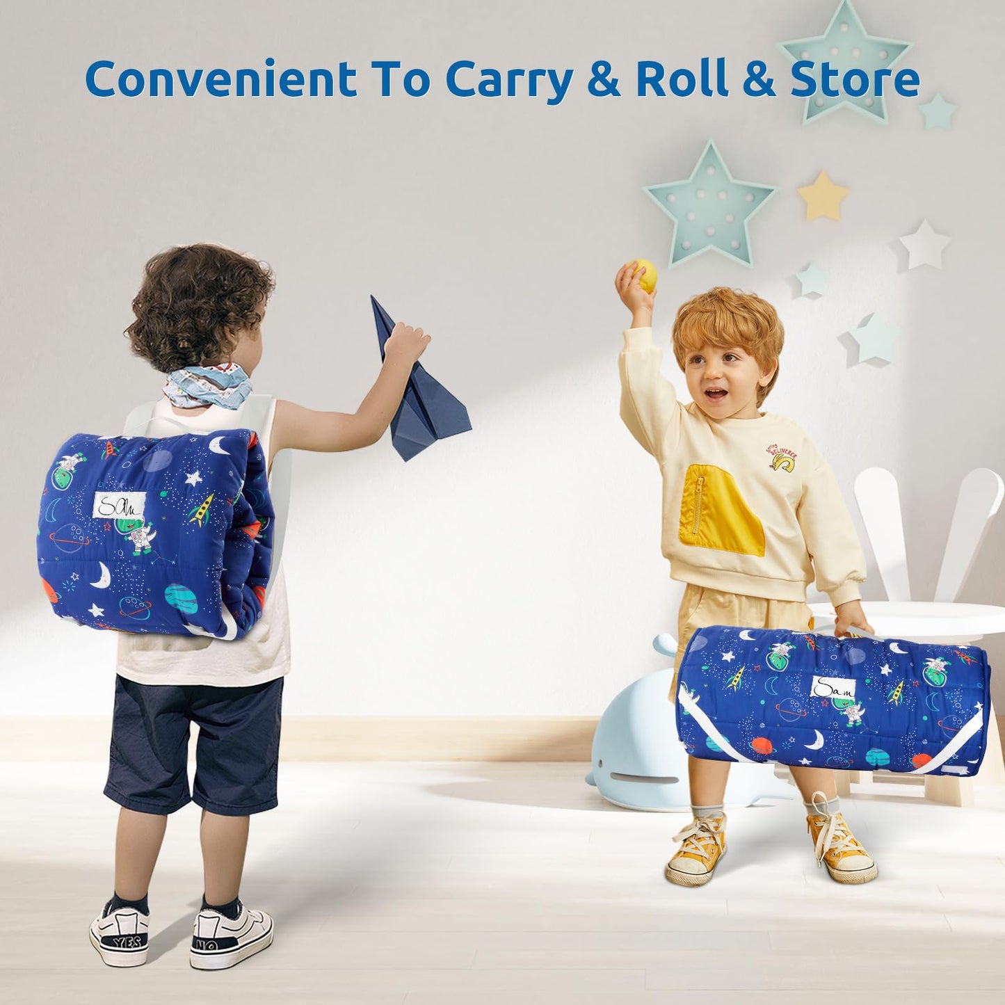 Safotad Toddler Nap Mat with Pillow and Blanket, Soft Sleeping Bag for Kids Boys and Girls, Slumber Bags Kids for Preschool, Daycare, Travel, Camping, 54" x 33" Great for Ages 3-6(Blue)