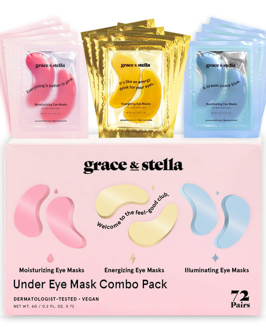 Under Eye Mask - Reduce Dark Circles, Puffy Eyes, Undereye Bags, Wrinkles - Gel Under Eye Patches, Vegan Cruelty-Free Self Care by grace and stella (72 Pairs, GoldPinkBlue)24 Pair (Pack of 3)