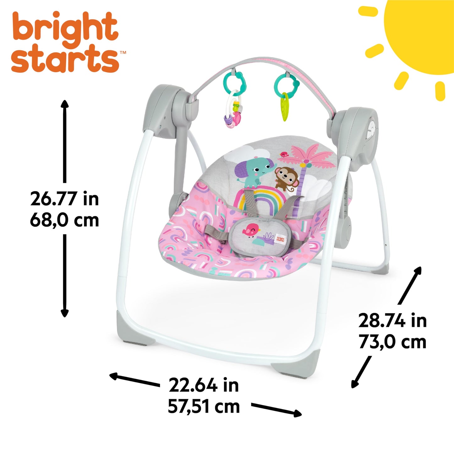 Bright Starts Pink Paradise Portable Compact Automatic Baby Swing with Music, Unisex, Newborn +
