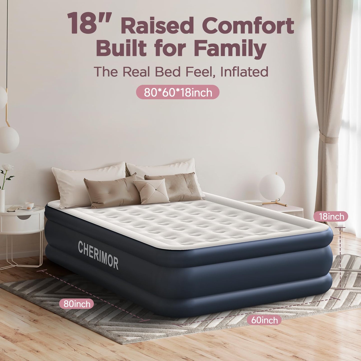 CHERIMOR Queen Air Mattress with Built in Pump, 18" Elevated Height, 48Hr Leak-Tested, Honeycomb Coil Support, 800 lbs Capacity, Fast 3-Min Inflation–Blow Up Mattress for Guest Room & Sleepover