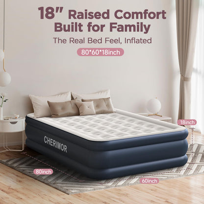 CHERIMOR Queen Air Mattress with Built in Pump, 18" Elevated Height, 48Hr Leak-Tested, Honeycomb Coil Support, 800 lbs Capacity, Fast 3-Min Inflation–Blow Up Mattress for Guest Room & Sleepover