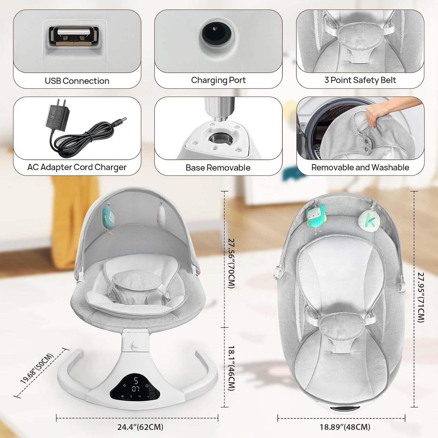 Electric Baby Swing for Infants to Toddler| Portable Infant Swing with Remote Control, Rocker with 5 Speeds, 3-Point Harness for Baby Boy Girl (Light Grey)