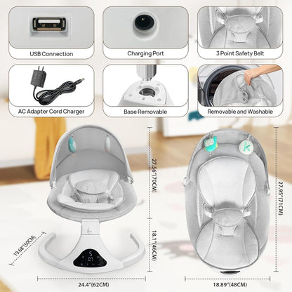 Electric Baby Swing for Infants to Toddler| Portable Infant Swing with Remote Control, Rocker with 5 Speeds, 3-Point Harness for Baby Boy Girl (Light Grey)