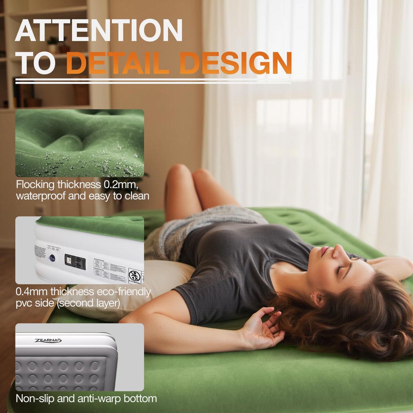 Zearna Air Mattress Queen with Built in Pump - Upgraded Blow Up Bed, 2 Mins Quick Self Inflatable with Double Air Chamber, 18"/650lbs Max, All Night No Lost Air, for Camping,Home,Portable Travel