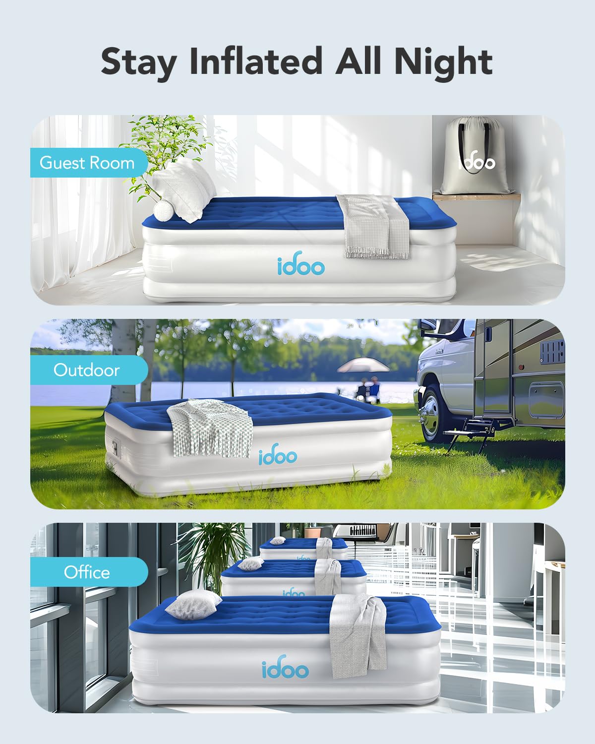 iDOO Air Mattress Full with Built in Pump, Blow up Mattress Full, Inflatable Mattress for Camping, Guest, Home, 3 Mins Inflation, Comfort Colchones Inflables, Air Bed