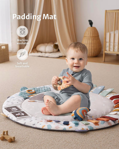 Blissful Diary Baby Play Gym & Activity Mat, 5 Developmental Zones Wooden Tummy Time Mat with 5 Detachable Sensory Toys for Motor Skills & Sensory Development, Baby Essentials Shower Gift