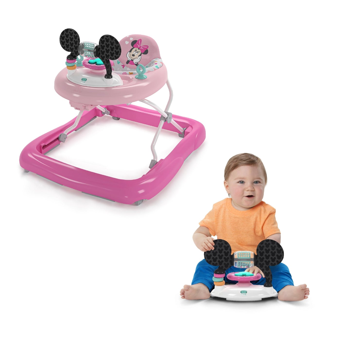 Bright Starts Disney Baby Minnie Mouse Forever Besties 2-in-1 Baby Activity Walker - Easy Fold Frame and Removable -Toy Station, 6 Months and up
