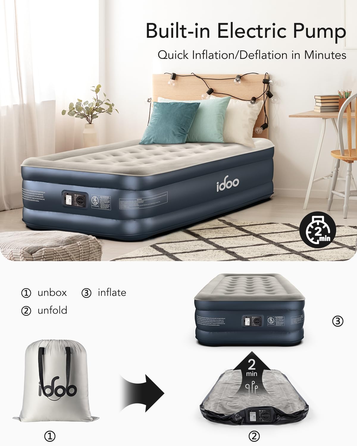 iDOO Twin Air Mattress with Built in Pump, 18" Raised Compact Blow up Mattress, Inflatable Mattress for Camping Guest Home, Portable Travel Air Bed, 2-Min Quick Inflation Deflation, Colchon inflable