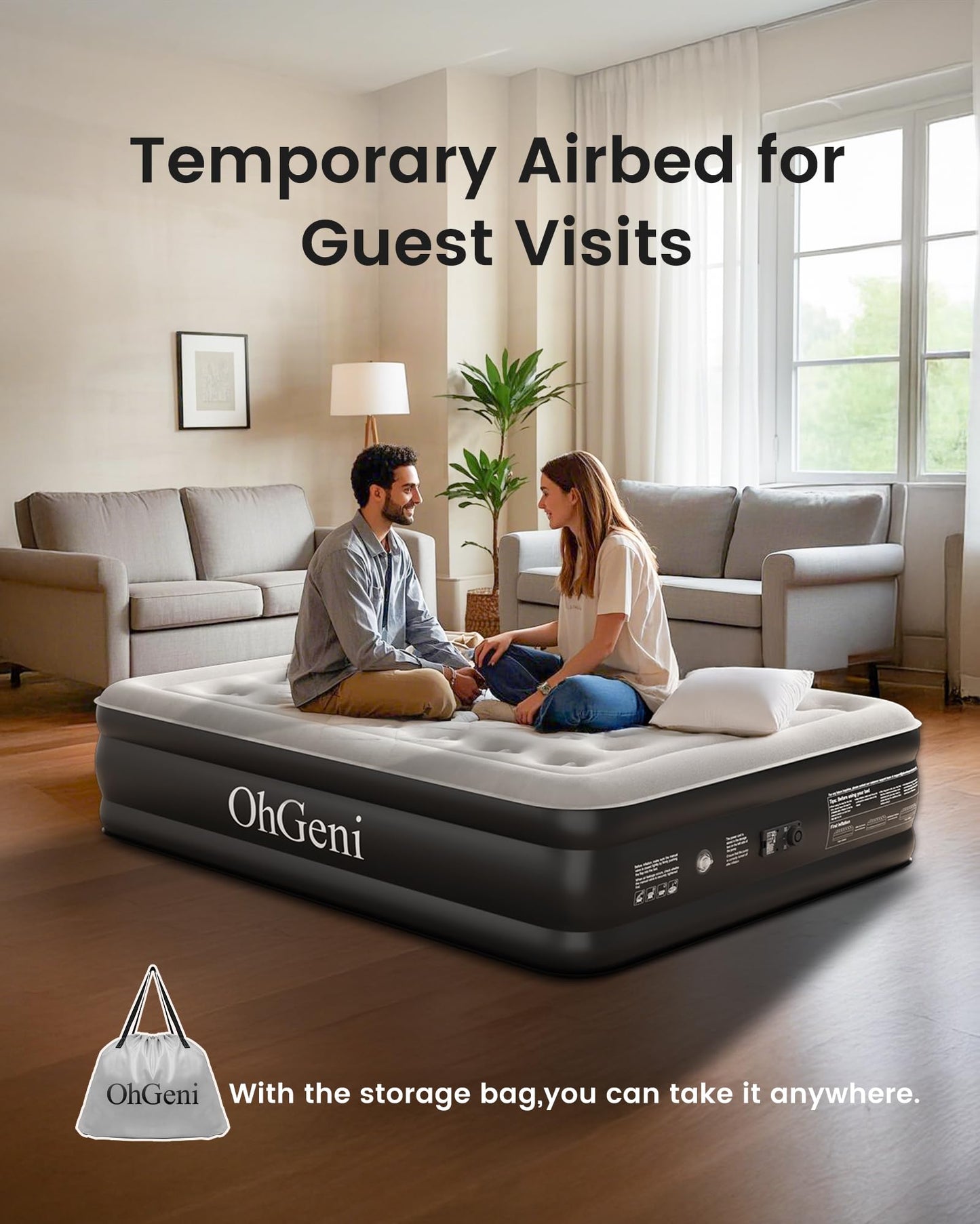 OhGeni Twin Air Mattress with Built in Pump for Guest, 18in Tall Colchon Inflables Blow Up Air Bed with Carrying Bag for Camping, Raised Elevated Double Airbed, Foldable & Portable Air Mattress, Black