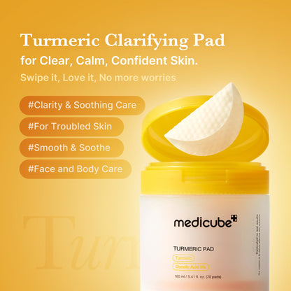 medicube Kojic Acid Turmeric Clarifying Toner Pad for Troubled Skin & Use After Spot Care | Soothing & Calming with Kojic Acid, Turmeric, Niacinamide, and Glycolic Acid | Korean Skin Care, 70 Pads