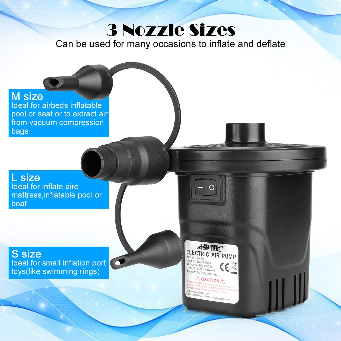 AGPTEK Rechargeable Air Pump, Electric Air Pump 4000mAh Battery Quick-Fill Inflator & Deflator with 3 Nozzles, Lightweight & Portable Perfect for Air Beds, Air Mattresses, Pool Toys & Inflatable