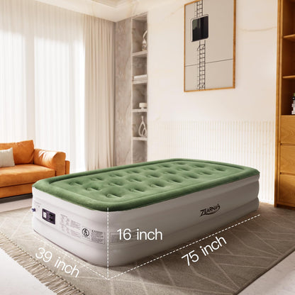 Zearna Twin Air Mattress with Built Pump, 16" Durable Blow Up Mattress Airbed, Comfortable Top Surface Inflatable Mattress for Camping Home & Portable Travel
