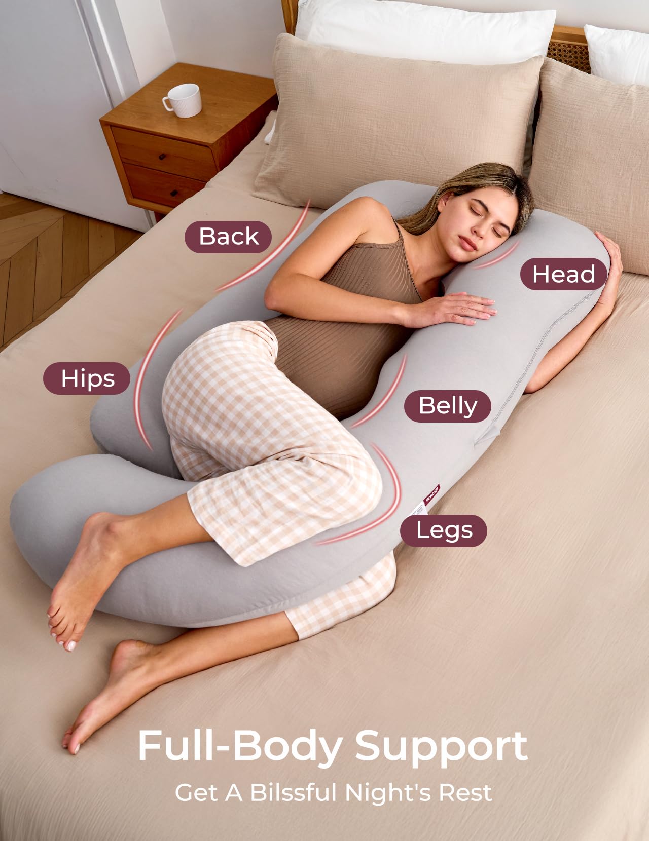 Momcozy Pregnancy Pillows for Sleeping, U Shaped Full Body Pillow for Pregnancy Women with Removable Jersey Cotton Cover, 57 Inch Maternity Pillow, Grey