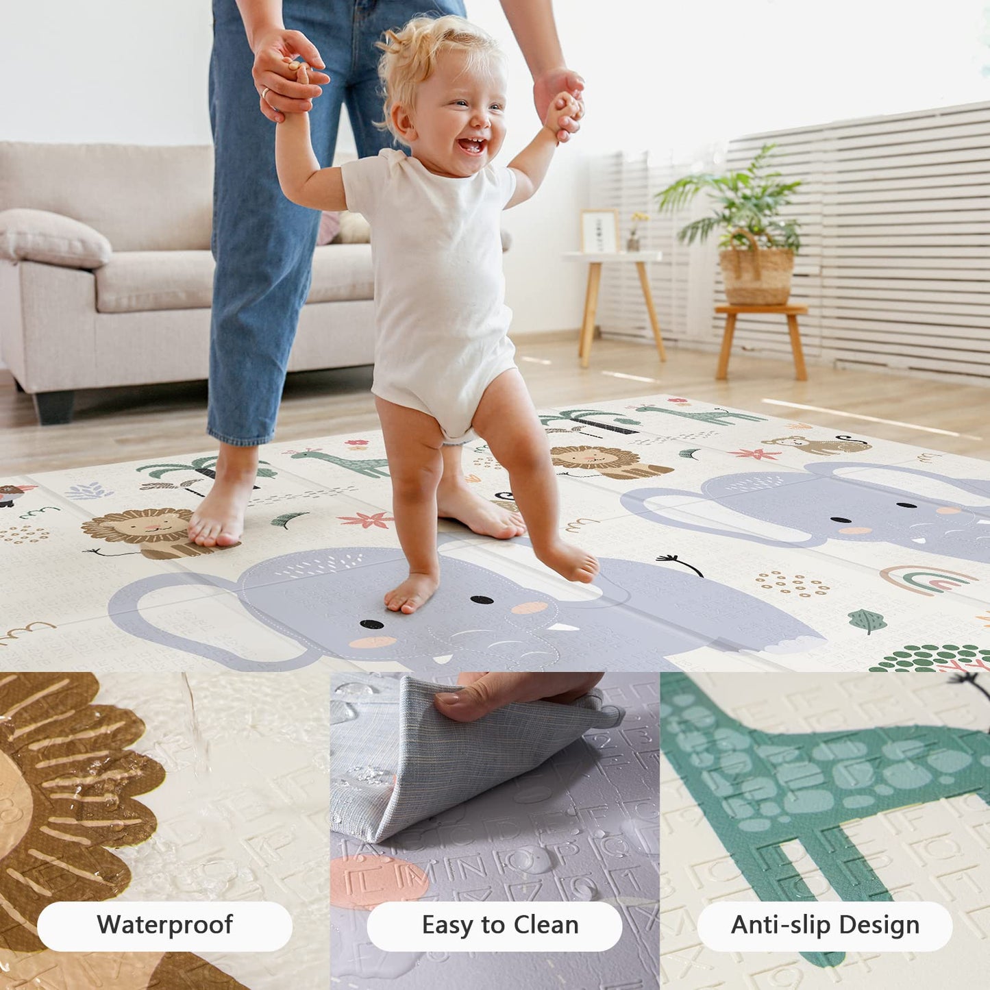 NOONKTY 79x71 Foldable Baby Play Mat for Floor, Extra Large Non-Toxic Tummy Time and Crawling Playmat, Thick Foam Play Mat for Baby, Reversible Portable Babies Floor Mats for Infant, Toddler