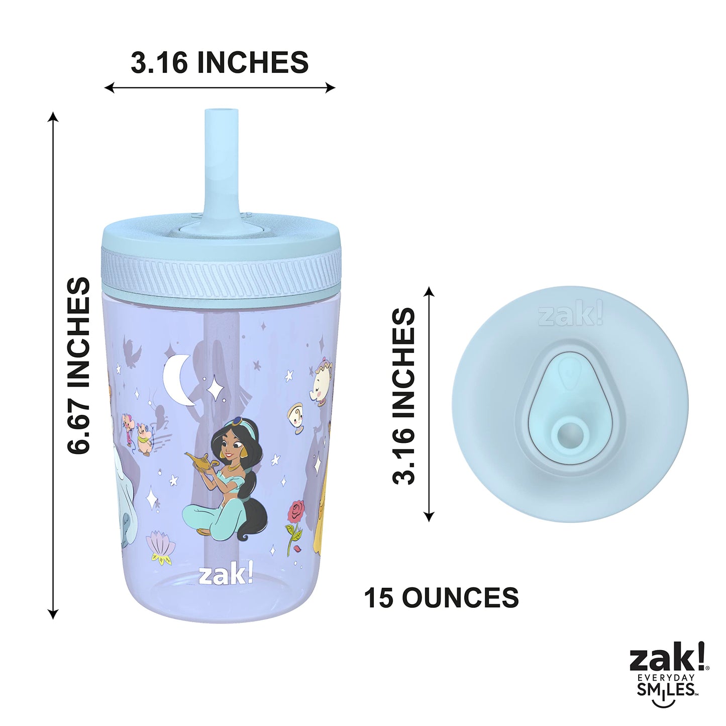 Zak Designs Disney Princess Kelso Toddler Cups For Travel or Home, 15oz 2-Pack Plastic Sippy Cups, Leak-Proof For Kids (Ariel, Aurora, Belle, Cinderella, Jasmine, Mulan, Rapunzel, Tiana)