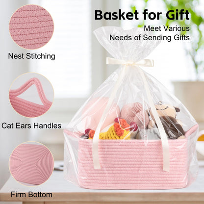 OIAHOMY Woven Basket, Gift Basket Empty with Gift Bags and Ribbons, Rope Baskets for Baby Showers, Storage Baskets with Handles for Nursery, Pet Toy Organizer - Pink