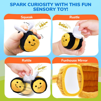 JoyCat Baby Toys 6-12 Months - Soft Baby Beehive with 5 Sensory Bees - Rattle, Crinkle Paper, Squeaker, Mirror, Busy Montessori Soft Toys for Toddlers 0-3 Years Old - Bee Plush Boy Girl Birthday Gift
