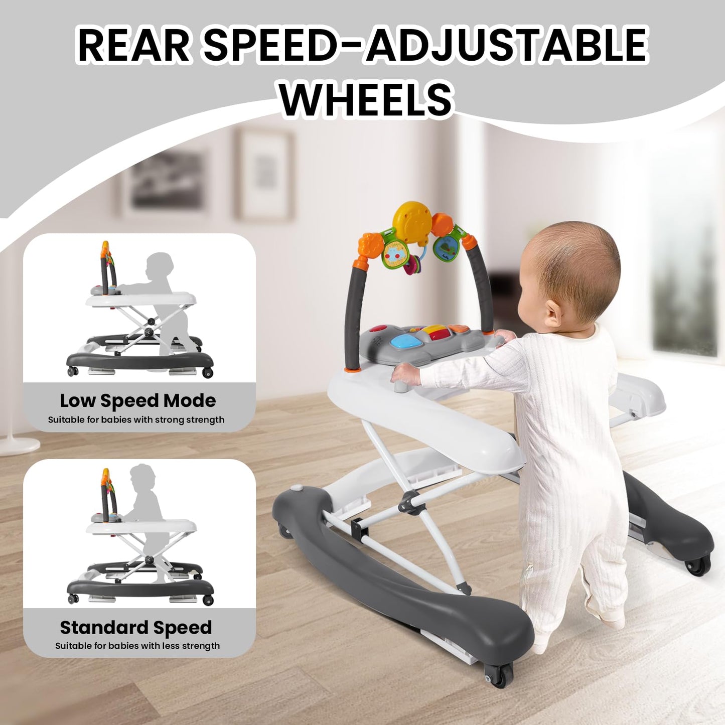 Boyro Baby Baby Walker, 5-in-1 Baby Walkers for Boys and Girls 6-12 Months with Bouncer, Removable Footrest, Feeding Tray & Music, Foldable & Adjustable Activity Walker for 6-18 Months Toddler Infant