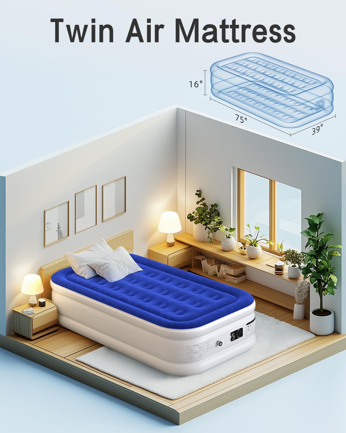 Xsleep Twin Air Mattress with Built in Pump Luxurious Comfort 16" Raised Inflatable Mattress Twin Airbed Blow Up Mattress for Home and Guests 75"*39"*16"Air Bed 2 Mins Fast Inflate/Deflate 330 lbs Max