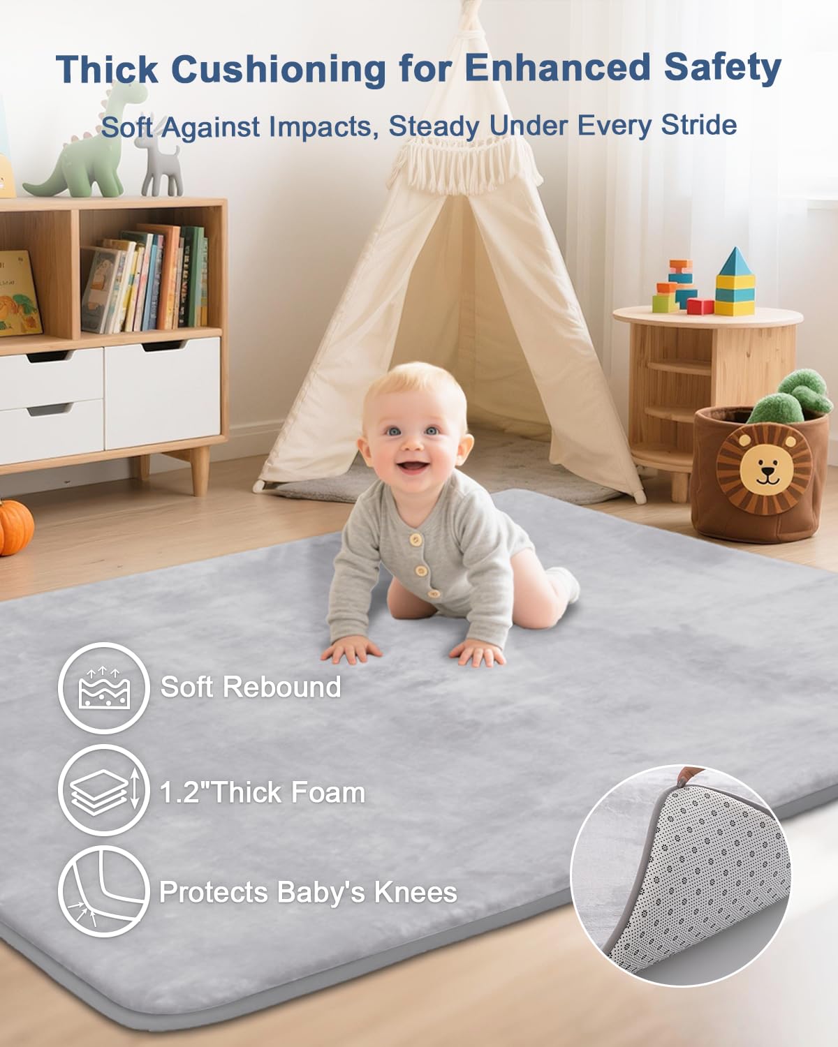 SEPARO Thick Baby Play Mat for Floor,50 x 50 Playpen Mat,Tummy Time Foam Mat,Ultra Soft Support & Plush Feel,Easy Care with Non-Slip Cushioned for Infant,Kids and Toddler Crawling,Grey