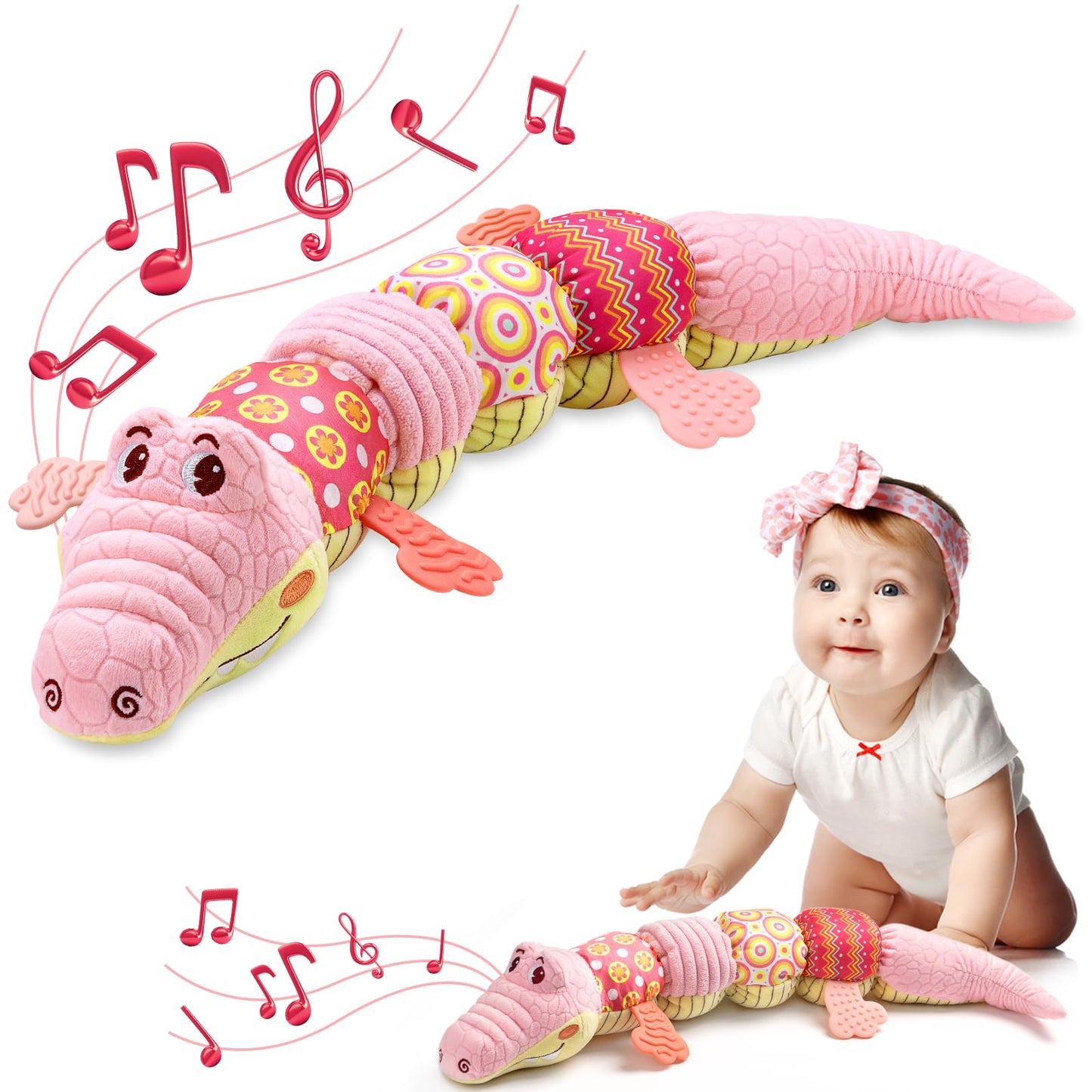 AWOTOY Baby Toys 0 to 12 Months, Musical Stuffed Animal Activity Soft Toys with Multi-Sensory Crinkle, Rattle and Textures,Infant Tummy Time Toys for Newborn Boys Girls, Crocodile, Pink
