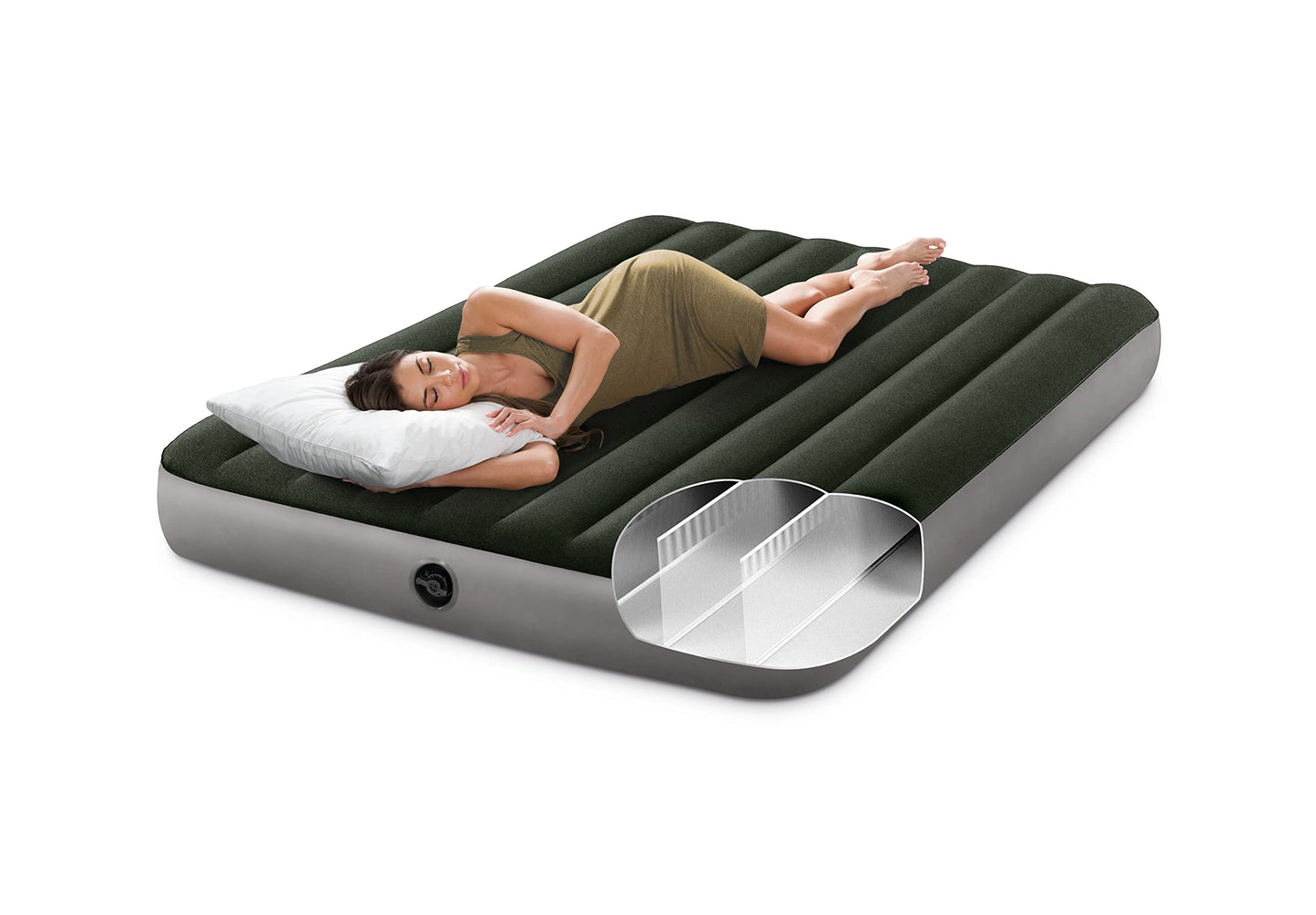 Intex 64779E Dura-Beam Standard Prestige Air Mattress: Fiber-Tech - Queen Size - Hand-Held Battery Pump - 10in Bed Height - 600lb Weight Capacity