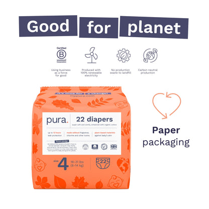 Pura Size 4 Diapers, 66 Count, Unisex, Organic Cotton, Leak-Free, Plant-Based, Dermatologically Tested, Allergy-Certified, Carbon Neutral, B-Corp