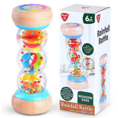 PLAY Rainmaker - 7 inch Wooden Rainbow Rain Stick Montessori Toys for Babies 6-12 Months, Baby Rattle Shaker Sensory Developmental Toy, Raindrops Musical Instrument