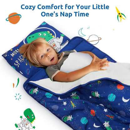 Safotad Toddler Nap Mat with Pillow and Blanket, Soft Sleeping Bag for Kids Boys and Girls, Slumber Bags Kids for Preschool, Daycare, Travel, Camping, 54" x 33" Great for Ages 3-6(Blue)