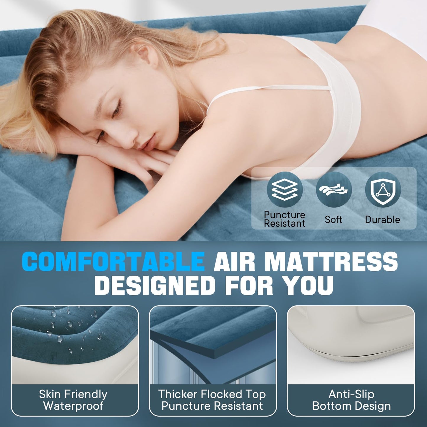 VOSSER Queen Air Mattress with Built-in Pump,18''Fast & Easy Inflation/Deflation Inflatable Mattress, Foldable Blow Up Mattress with Storage Bag, Inflatable Bed for Home, Camping & Guests
