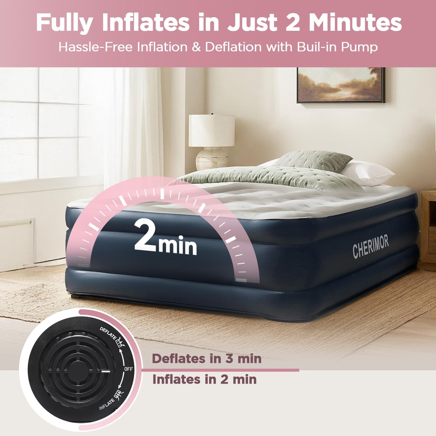 CHERIMOR Queen Air Mattress with Built in Pump, 18" Elevated Height, 48Hr Leak-Tested, Honeycomb Coil Support, 800 lbs Capacity, Fast 3-Min Inflation–Blow Up Mattress for Guest Room & Sleepover