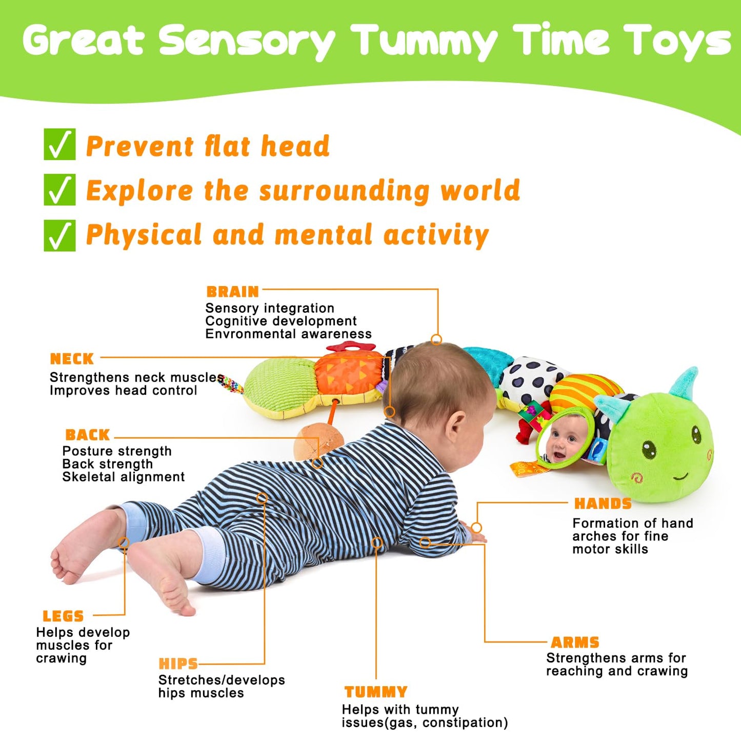 Baby Sensory Toy 0-6 Month Music Animal Stuffed Plush Caterpillar Toy for Infant 0-3-6 Month Tummy Time with Baby Mirror Crinkle Rattle for 6-12 Month Carseat Toys for Newborn Boys Girls Shower 1