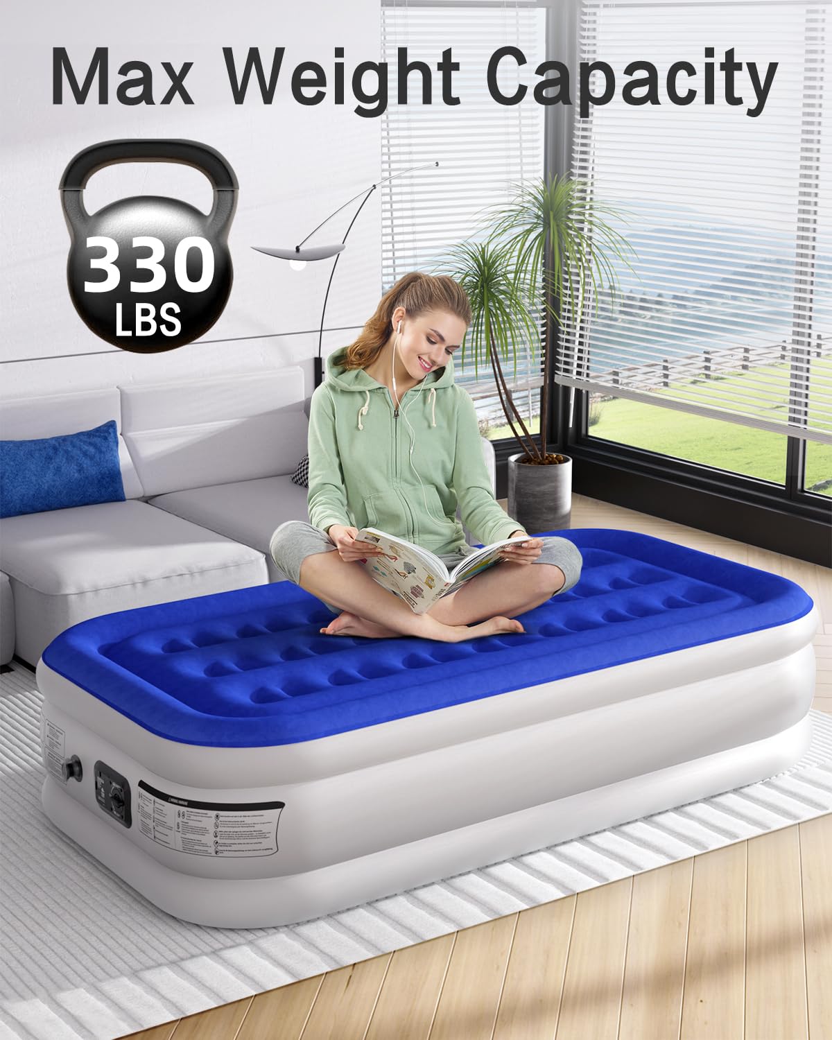 Xsleep Twin Air Mattress with Built in Pump Luxurious Comfort 16" Raised Inflatable Mattress Twin Airbed Blow Up Mattress for Home and Guests 75"*39"*16"Air Bed 2 Mins Fast Inflate/Deflate 330 lbs Max