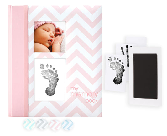 Pearhead Baby Memory Book, First 5 Years Baby Milestone Book, Pregnancy Journal, Gender Neutral Newborn Keepsake, With Clean-Touch Ink Pad For Baby's Handprint or Footprint, Pink Chevron