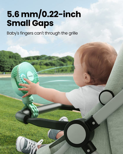 Gaiatop Mini Portable Stroller Fan, Battery Operated Small Clip on, Detachable 3 Speed Rechargeable, 360° Rotate Flexible Tripod Better Cooling for Car Seat Crib Treadmill Travel Green