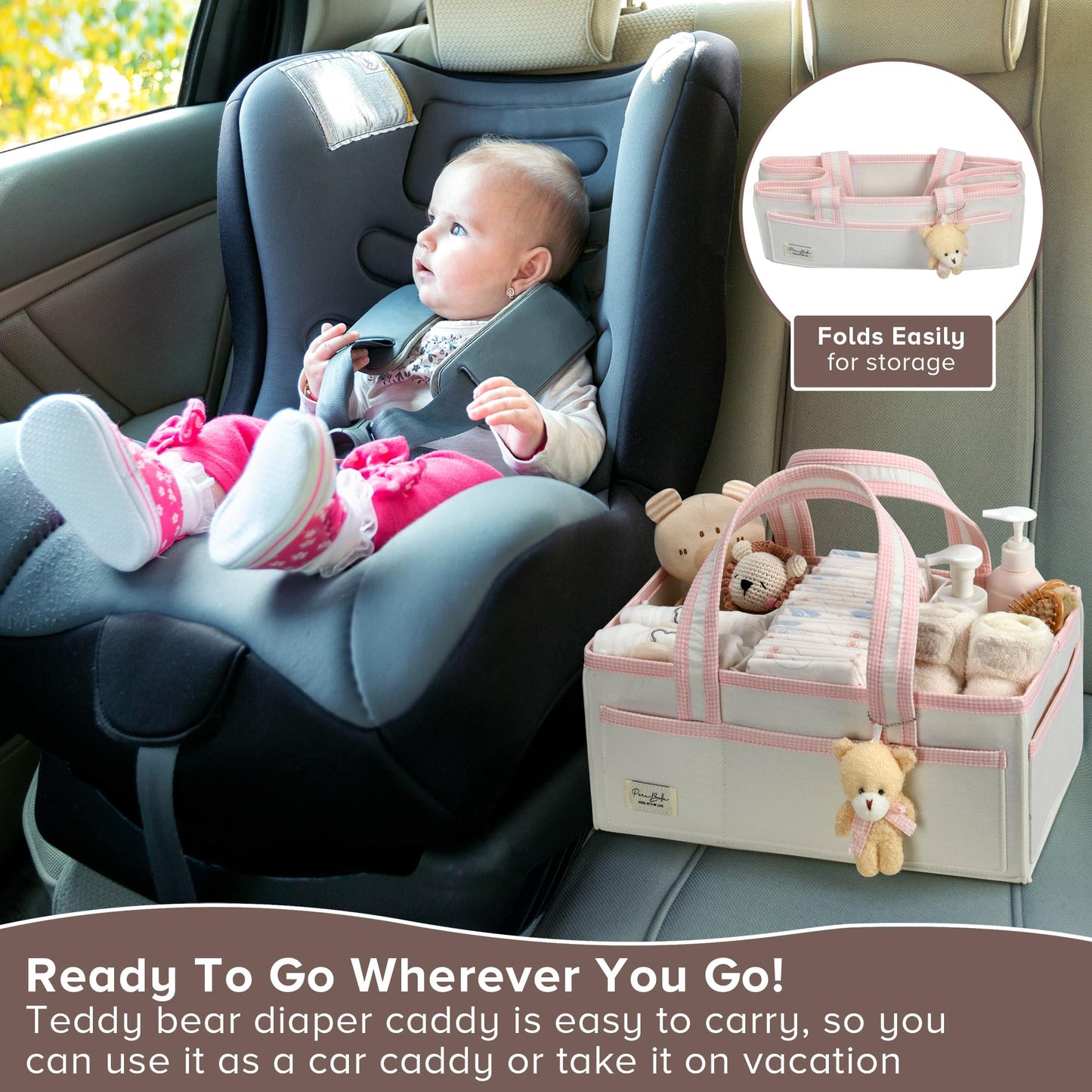 PeraBella XL Diaper Caddy Organizer With Handle, Baby Shower Gifts Basket Bag, Registry Search Must Haves Items, Newborn Girl Boy Nursery Storage Organizer, Baby Bag Essentials, Car Diaper Caddy Cart