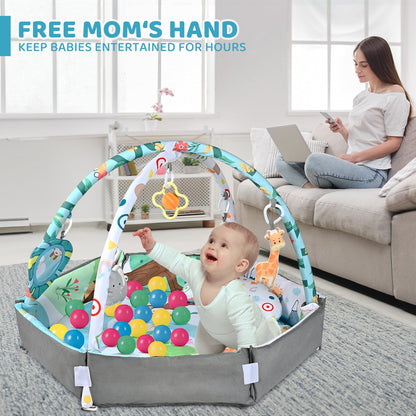 Baby Gym Play Mat, 8-in-1 Tummy Time Mat & Ball Pit with 6 Toys, Washable Baby Activity Play Mat for Visual, Hearing, Sensory, Motor Development, Baby Toys Gift for Toddler Infant 0-3-6-9-12 Months
