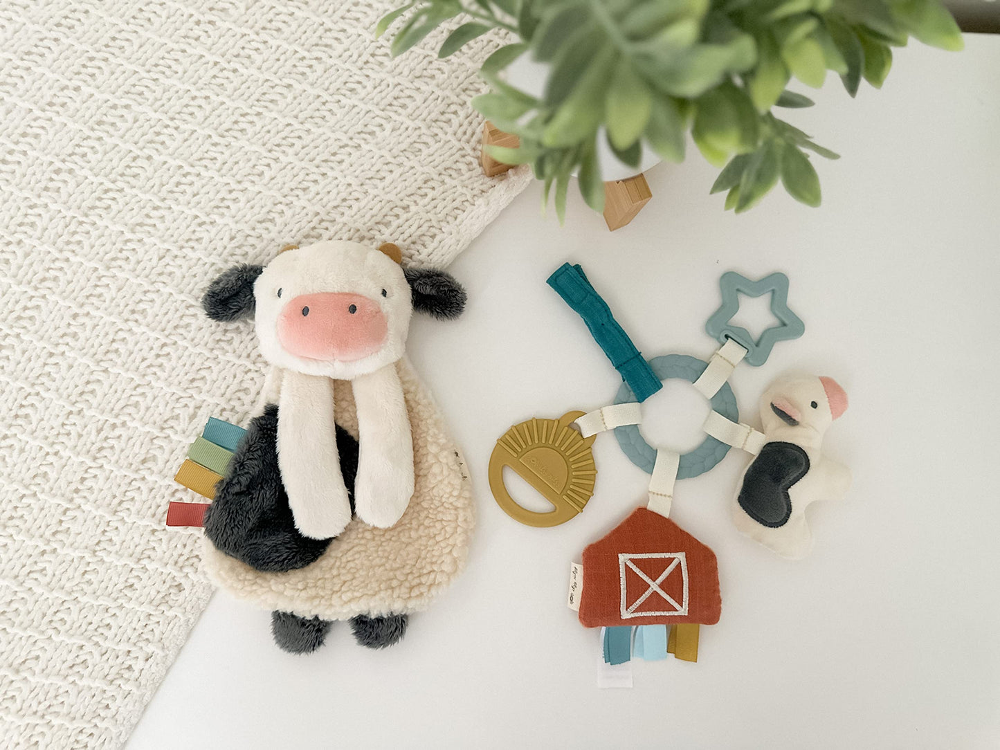 Itzy Ritzy Farm Toy Gift Set - Includes Cow Lovey & Farm-Themed Busy Ring Car Seat and Stroller Toy - Features Crinkle Sounds, Engaging Textures & Silicone Teething Relief (Farm)