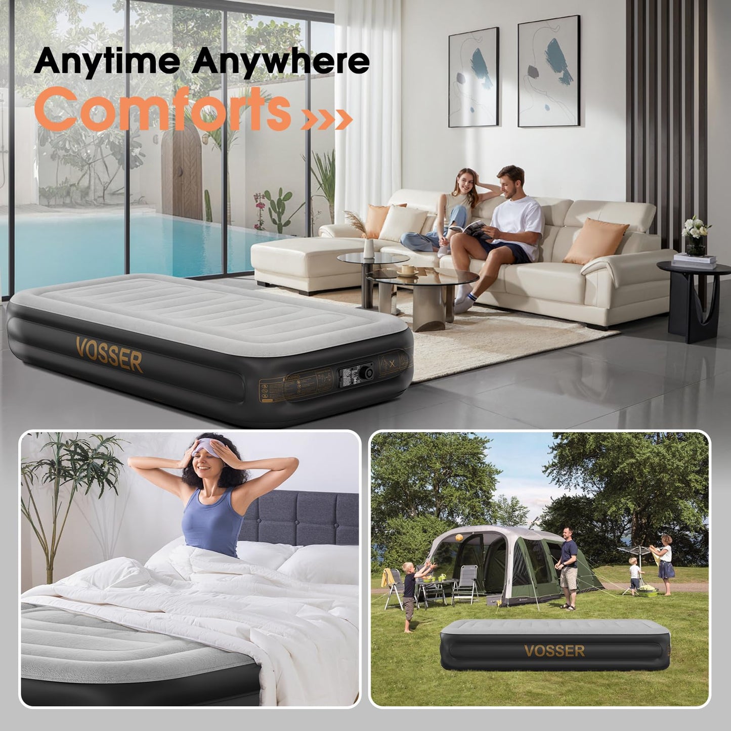 VOSSER Twin Air Mattress with Built in Pump,Inflatable Mattress 2 Mins Self-Inflation/Deflation,Thicker Blow up Mattress Leak-Proof,Flocked Top Air Bed with Storage Bag for Home, Camping & Guests