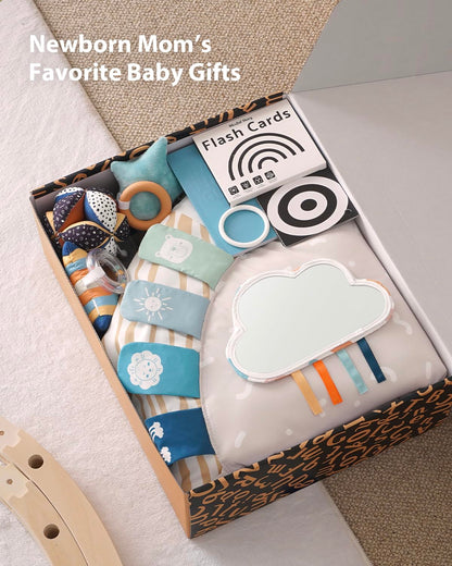 Blissful Diary Baby Play Gym & Activity Mat, 5 Developmental Zones Wooden Tummy Time Mat with 5 Detachable Sensory Toys for Motor Skills & Sensory Development, Baby Essentials Shower Gift
